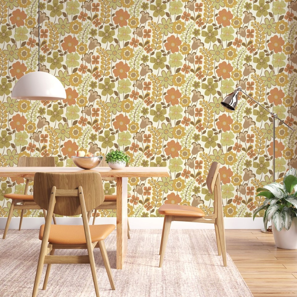 image 1 of Retro Floral Wallpaper Brown Orange Green Cream Vintage Classic Feature Wall