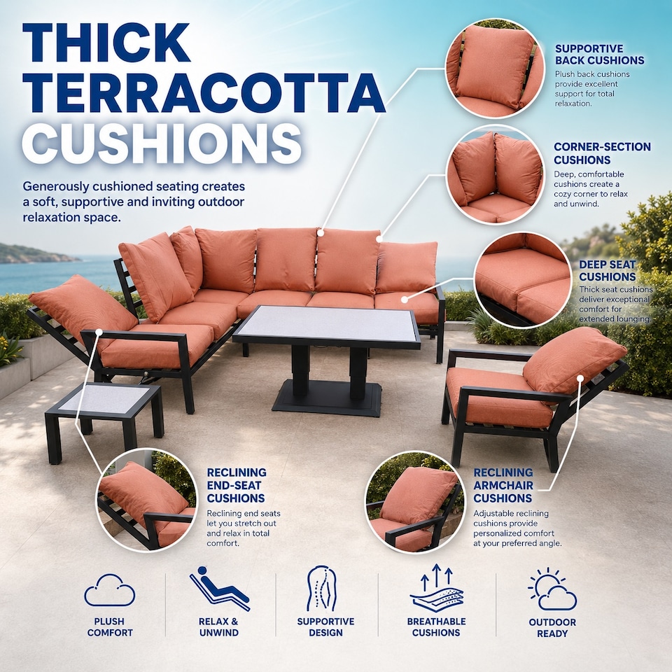 image 1 of Monte Carlo 7 Seater Aluminium Reclining Corner Garden Sofa Set with Gas Lift Table & Terracotta Cushions
