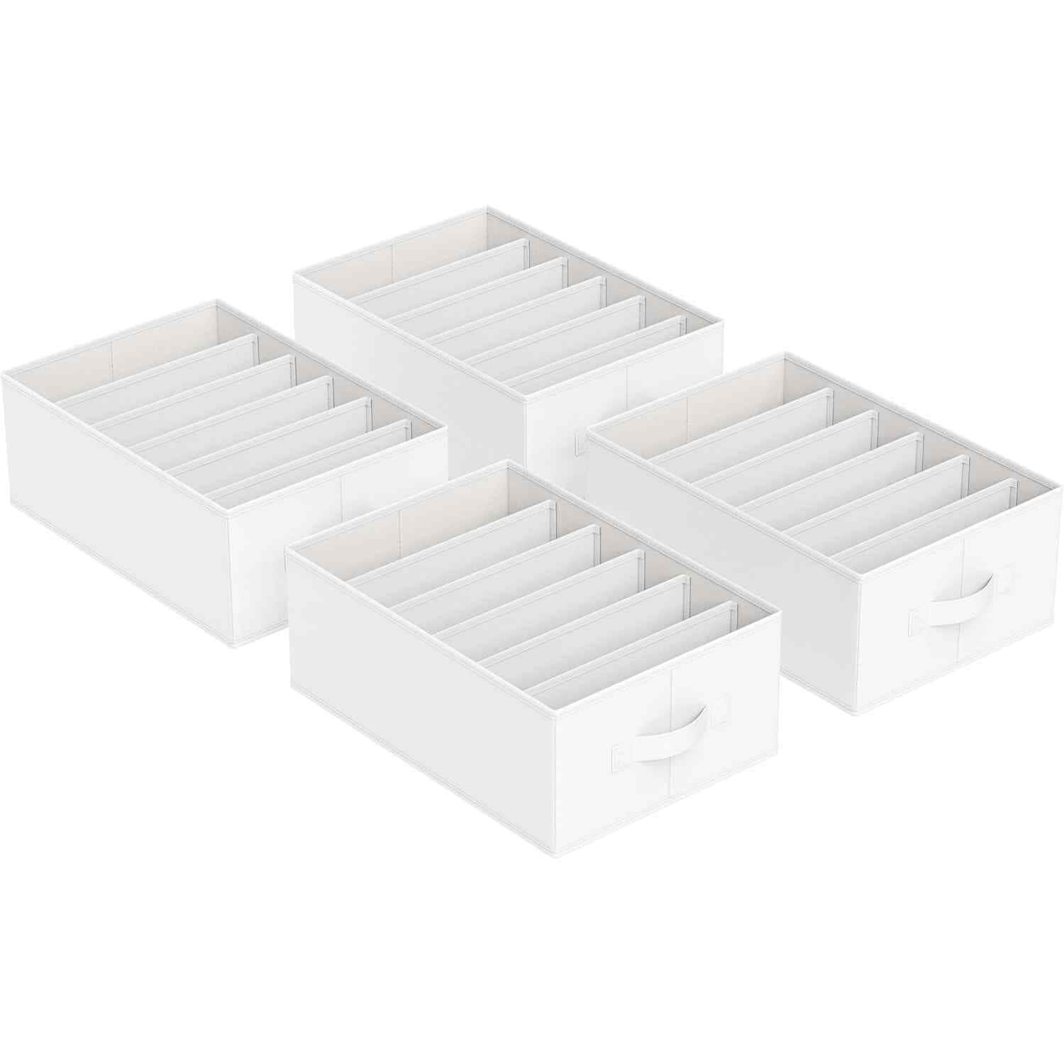 Set of 4 Foldable Closet Organisers, 6 Compartment Clothes Storage Boxes, Classic White