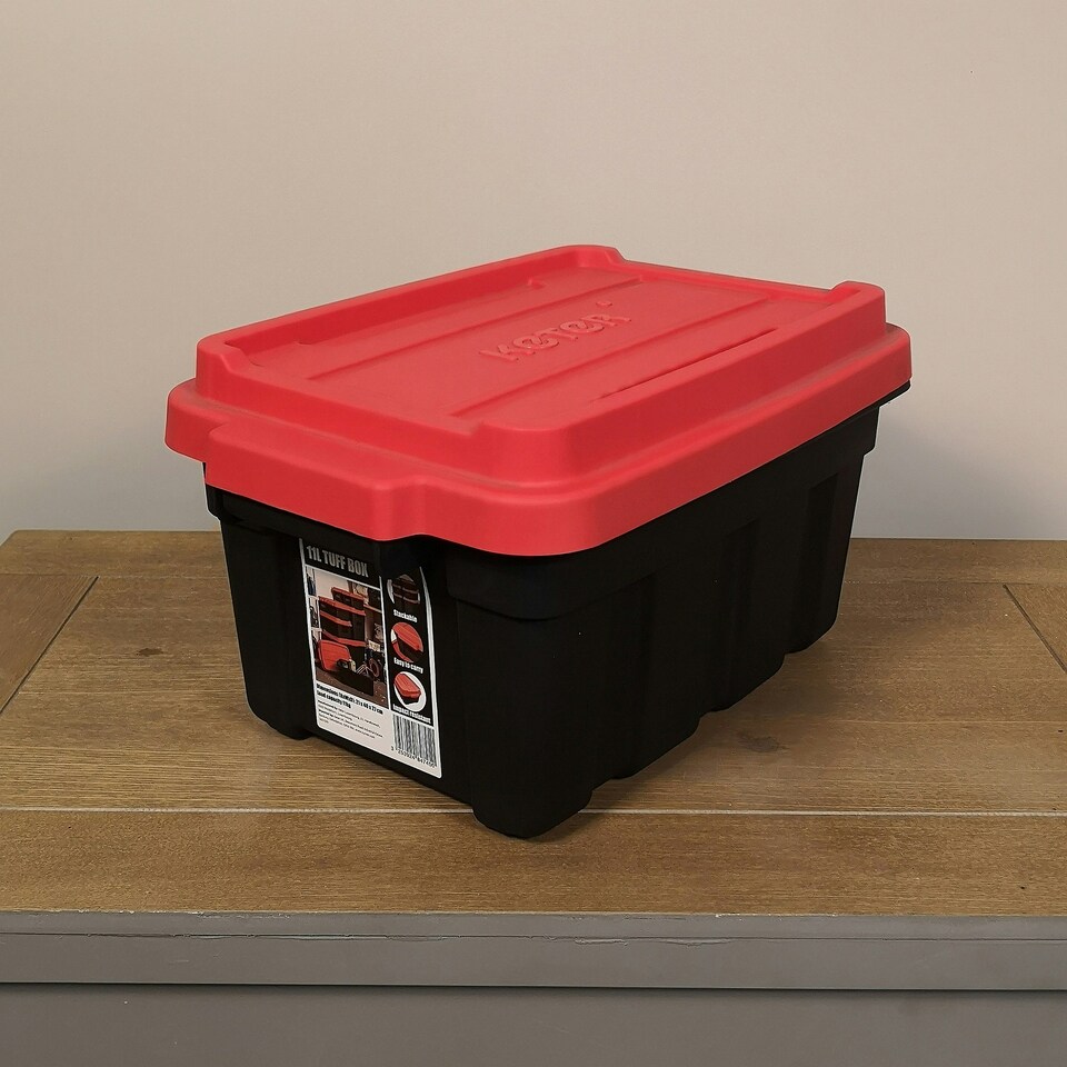 image 1 of 11L Black and Red Small Tuff Stackable Storage Box with Lid and Carry Handles Black