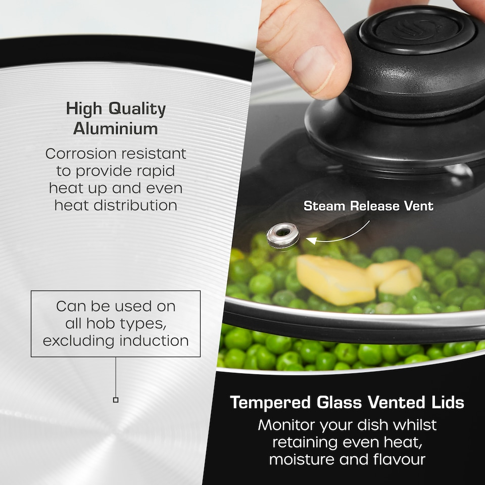 image 1 of Swan Townhouse 14 Piece Aluminium Cookware and Tool Set with 16/18/20cm Saucepans with Glass Lids and 20/26cm Frying Pans, Black