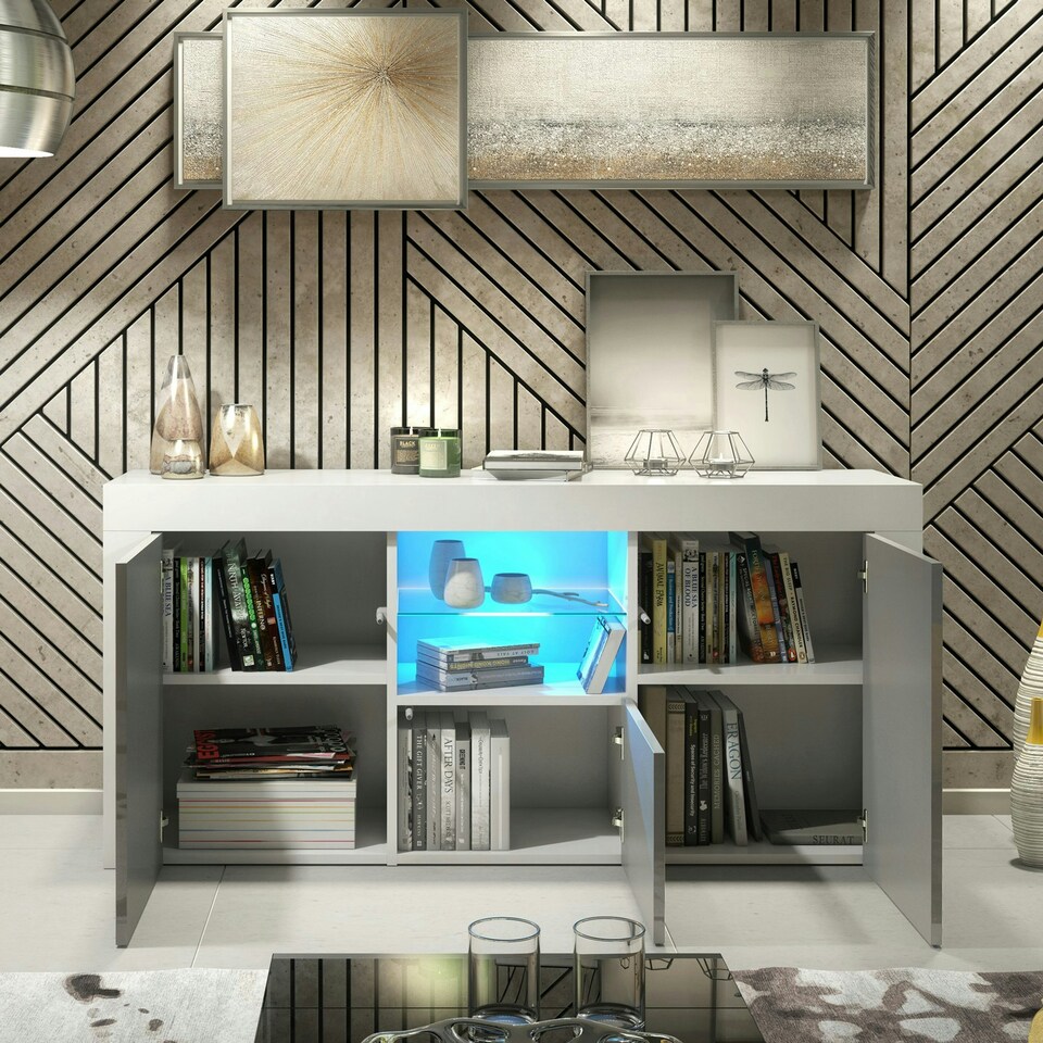 image 1 of TV Unit 145cm Grey Gloss Doors Free LED White Matt Media Cabinet | White | Grey | One Size | 1