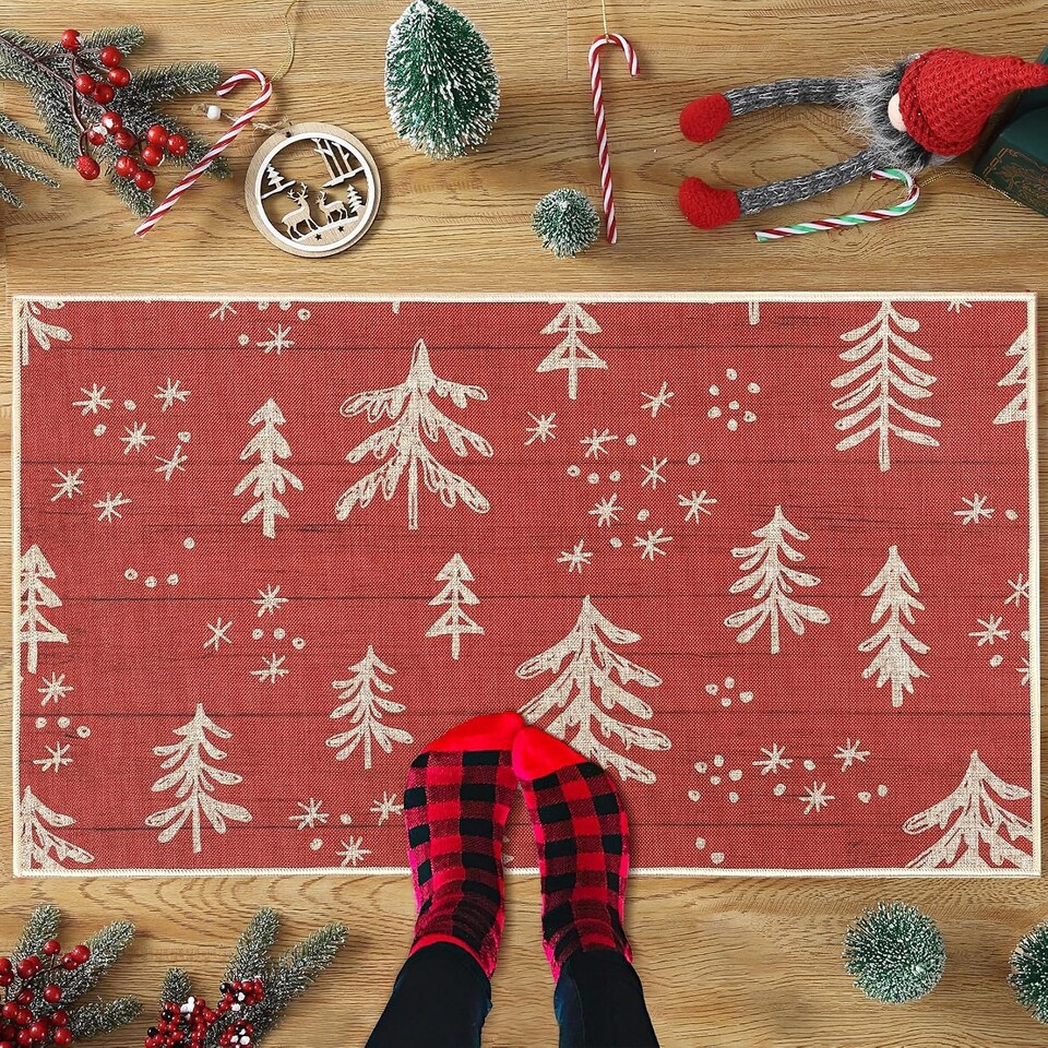image 1 of London Boutique Christmas Doormat with Christmas Tree Pattern and Non-Slip Rubber Backing, Red, 40 x 60 cm