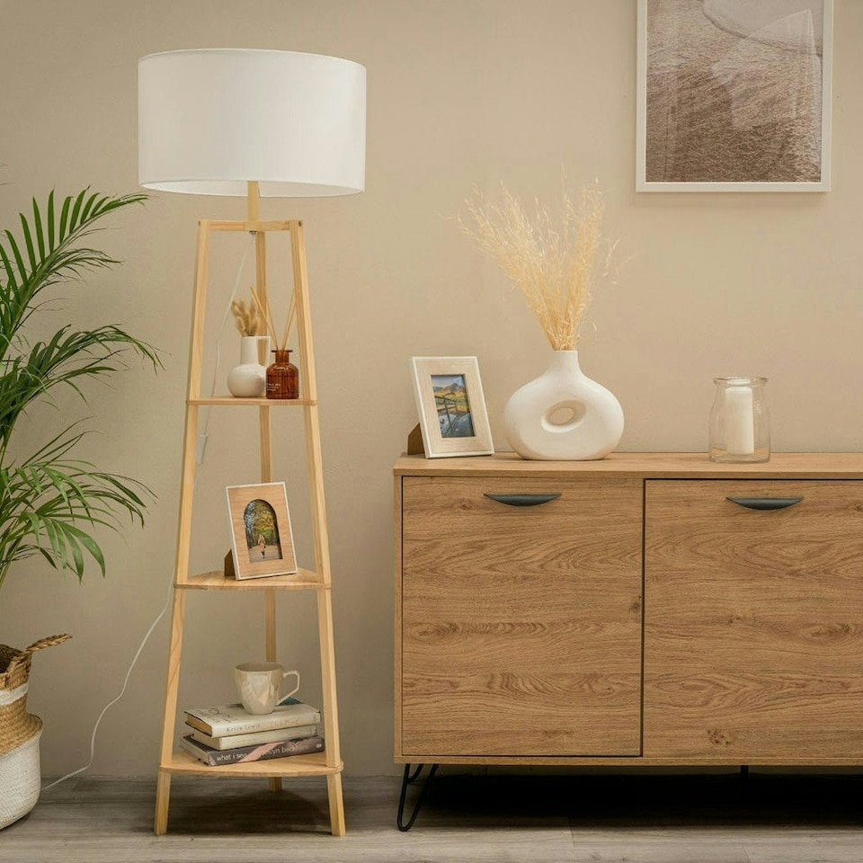image 1 of ValueLights Hiru Natural Wood 3 Tier Shelf Floor Lamp Brown