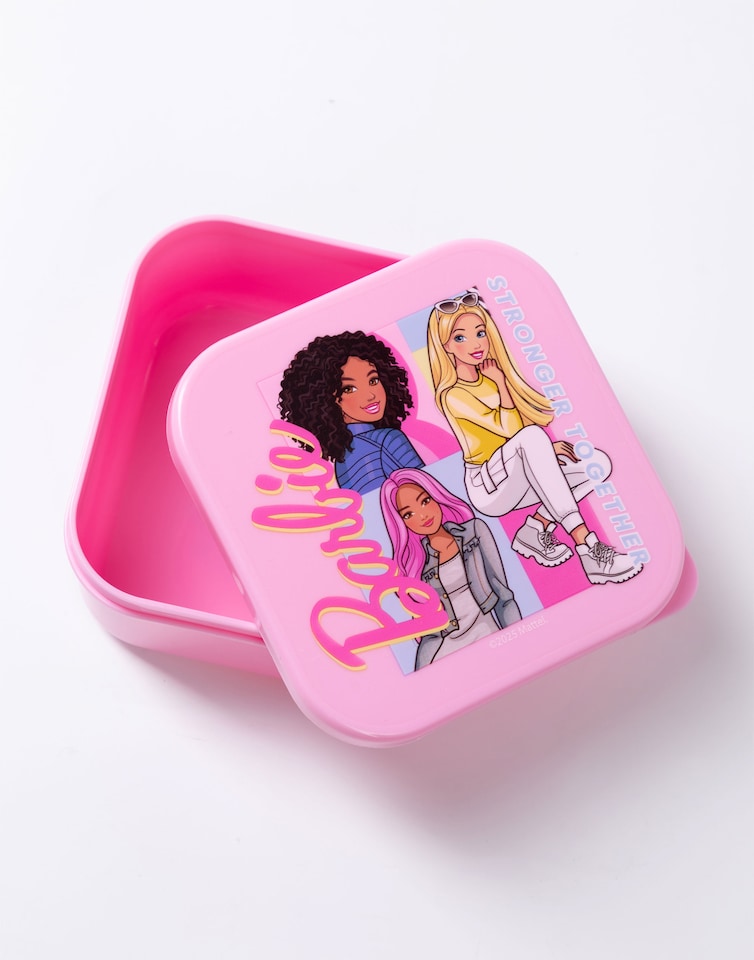 image 1 of Barbie Girls Pink Lunch Bag with Bottle & Snack Pot | Stronger Together Zip-Up Carry Set | Adjustable Shoulder Strap | Back to School Cartoon Graphic Design | Barbie Merch