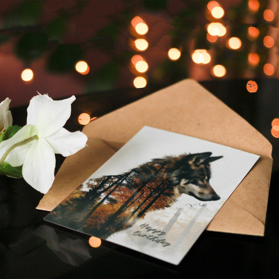 image 1 of Wolf Autumn Forest Trees Double Exposure For Him Birthday Card