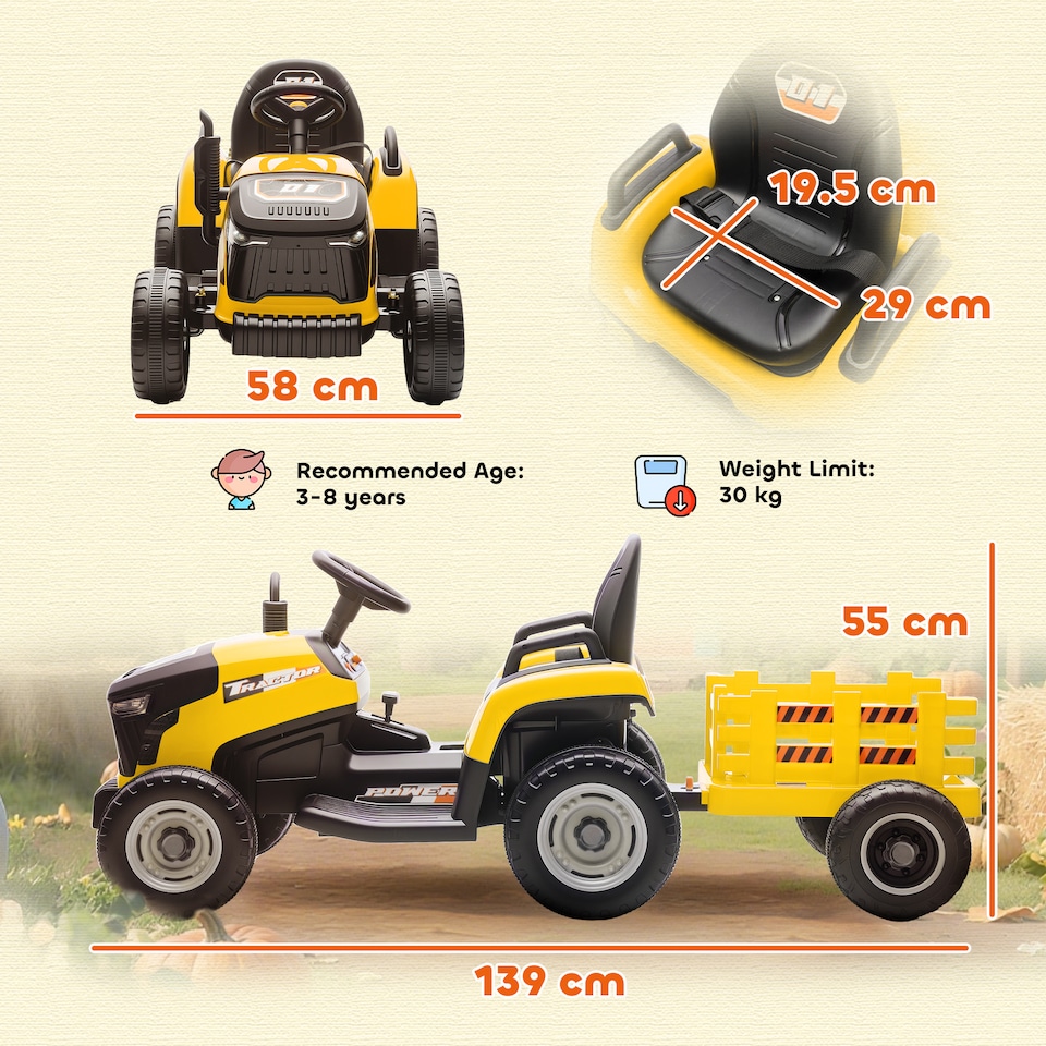 image 1 of AIYAPLAY Ride on Tractor and Trailer, 12V Electric Ride on Tractor, Yellow