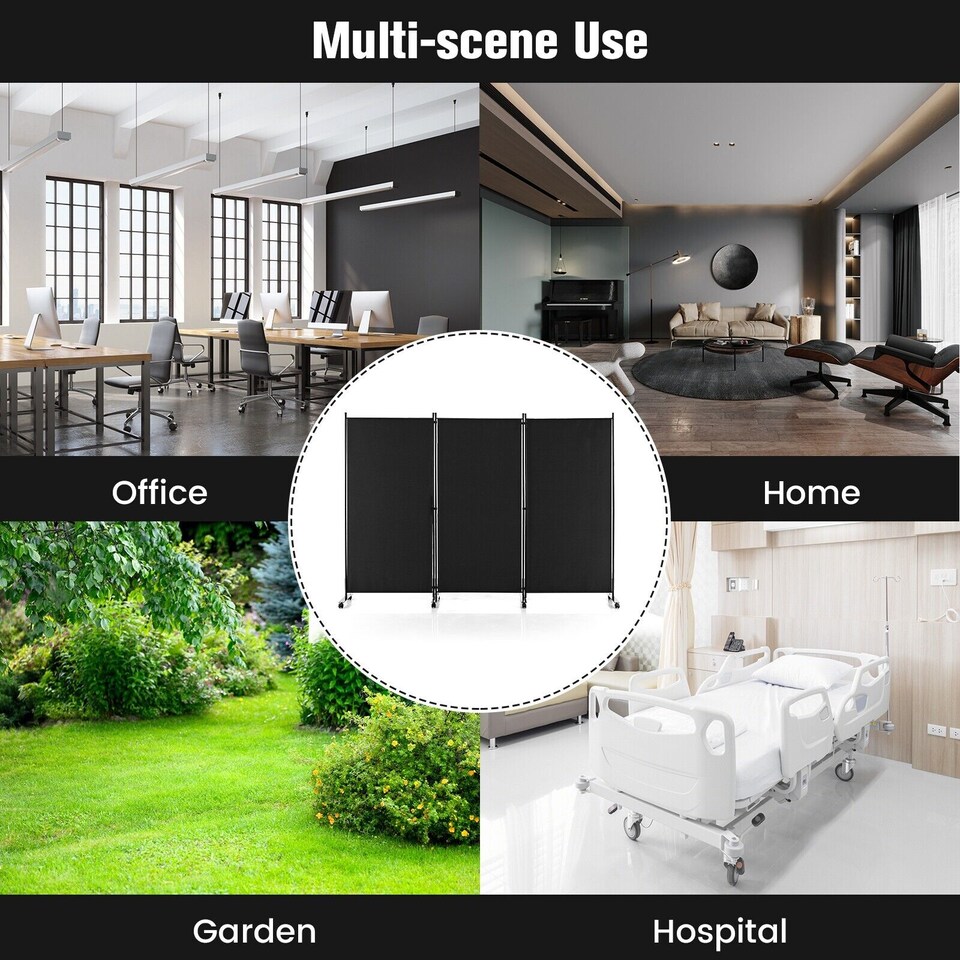 image 1 of COSTWAY 3 Rolling Privacy Screens Freestanding Panel Room Divider on Wheels Black
