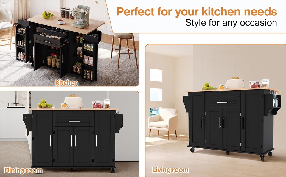 image 1 of VILUXE Mobile Kitchen Island with Foldable Worktop, Hidden Cutlery Drawer, Large Drawer, Adjustable Shelves, Door Racks, Towel Rack, Spice Rack and 5 Wheels, Black and Natural Wood