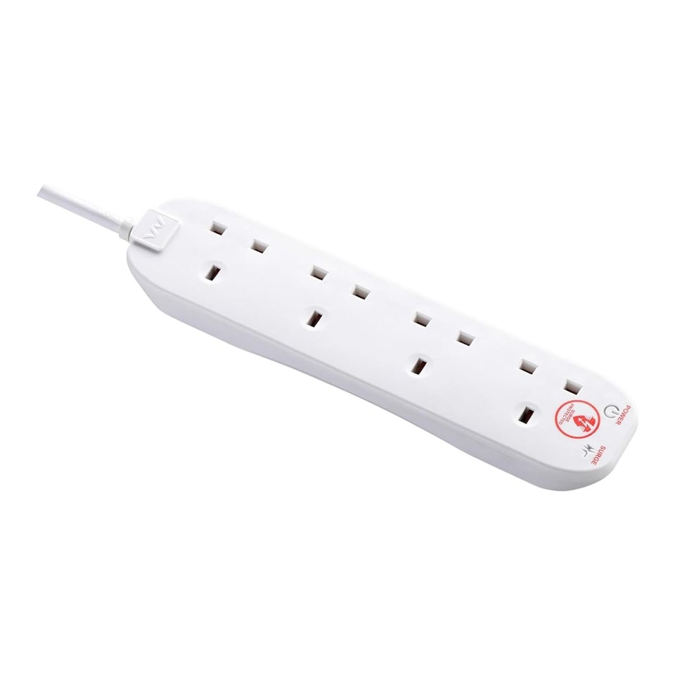 image 1 of Masterplug 4 Socket Surge Protected Extension Lead 2 Metre Cable 13A Wall Mount Power Strip White