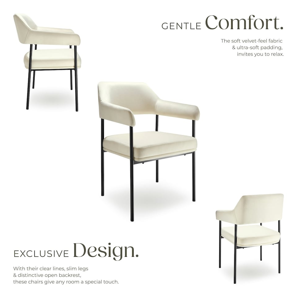 image 1 of Armchair Doe - durable fabric, black powder-coated legs, 120 kg load, 58 x 62 x 85 cm - Set of 2 White | Velvet Look Off-White