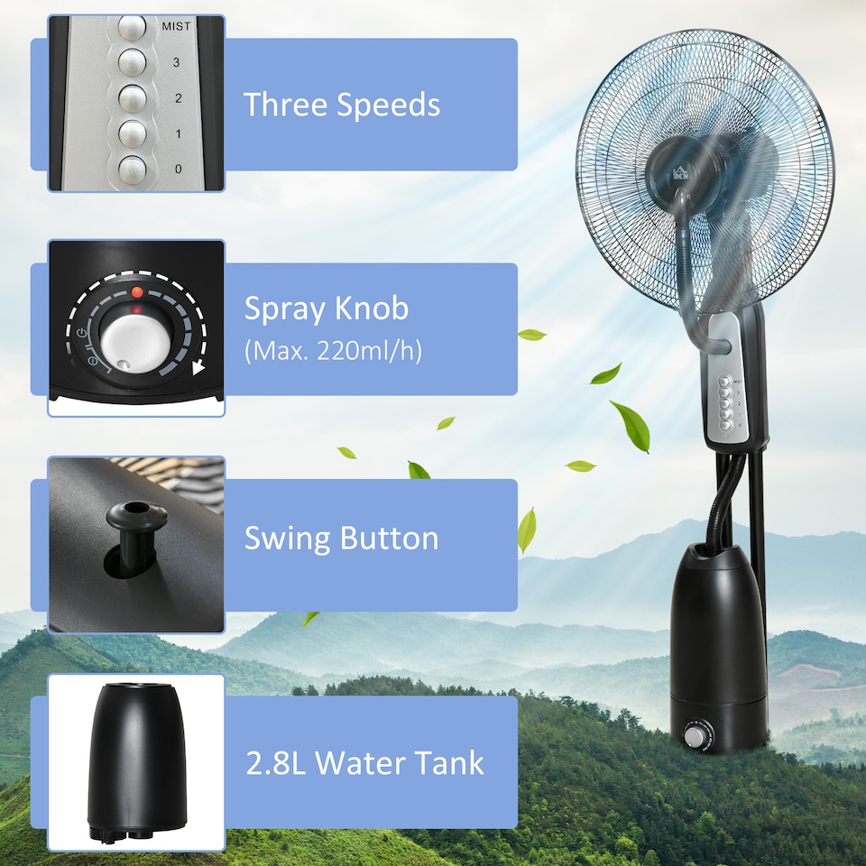 image 1 of HOMCOM 18 Pedestal Fan with Water Mist Spray, Standing Fan, Humidifying Misting Fan with 3 Speeds, 2.8L Water Tank, Black