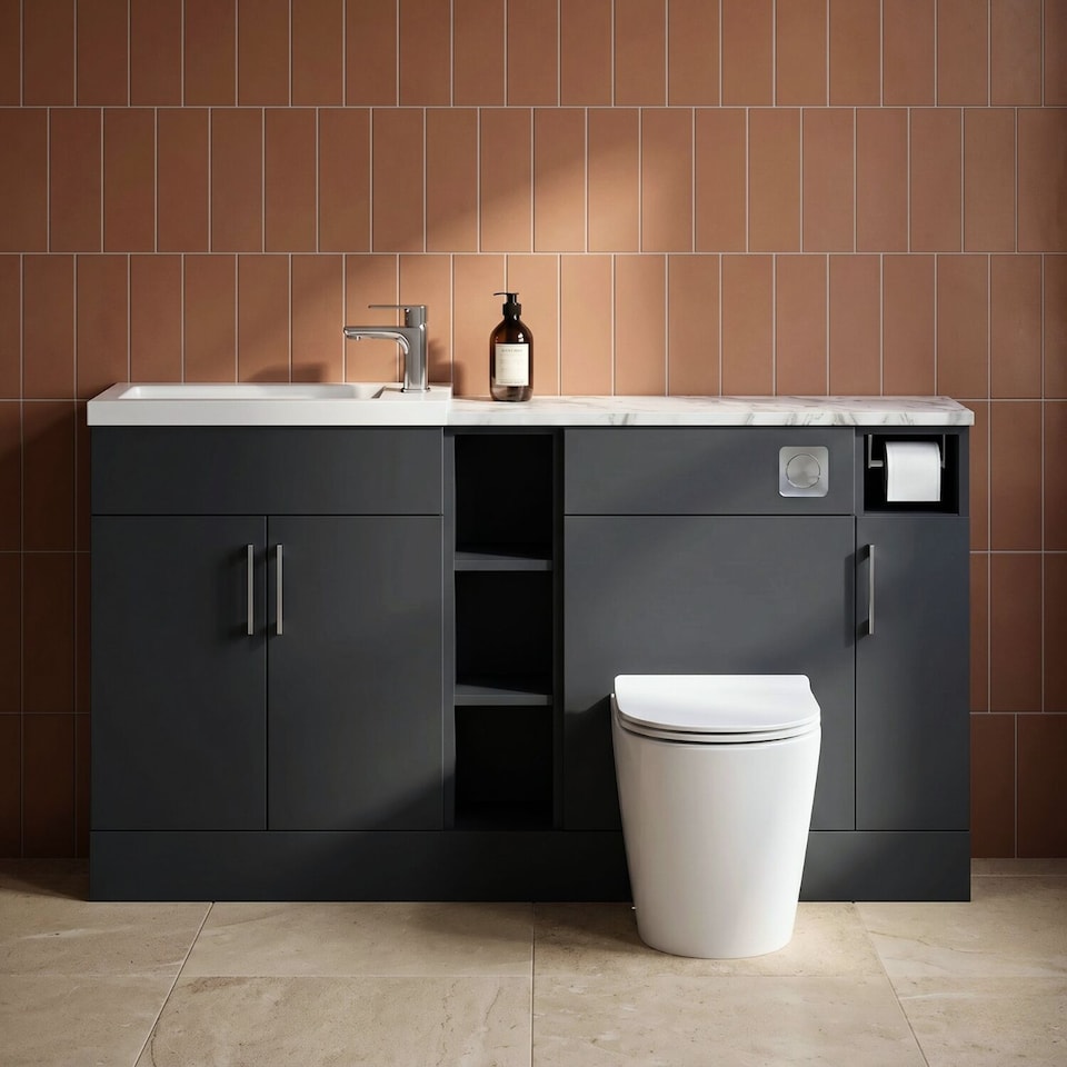 image 1 of Balterley Wichnor Contemporary Floor Standing Compact 3 Door Vanity Basin WC Combination Unit with Basin and Worktop, 1500mm, Dark Grey