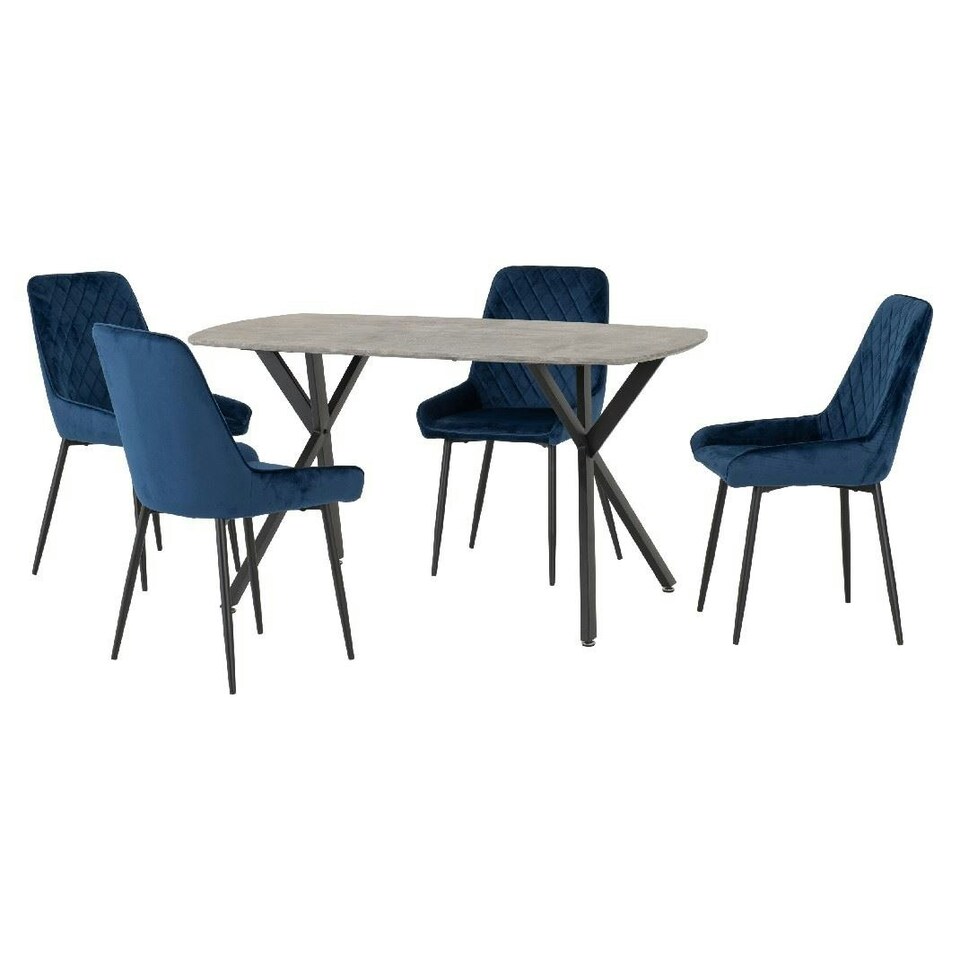 image 1 of Athens Dining Set with 4 Avery Velvet Chairs Blue | Concrete Effect/Sapphire Blue