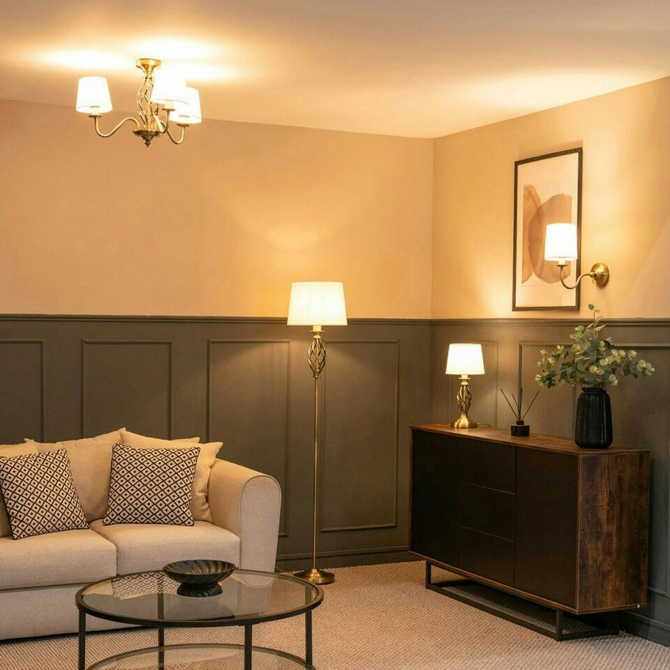 image 1 of ValueLights Memphis Traditional Antique Brass 3 Light Ceiling Light Chandelier with Fabric Lampshades - Bulbs Included