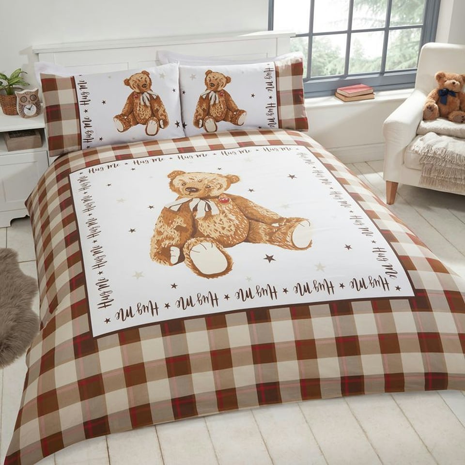 image 1 of Hug Me Bear Check Polycotton Duvet Cover Set with Pillowcase Brown | Natural | Single
