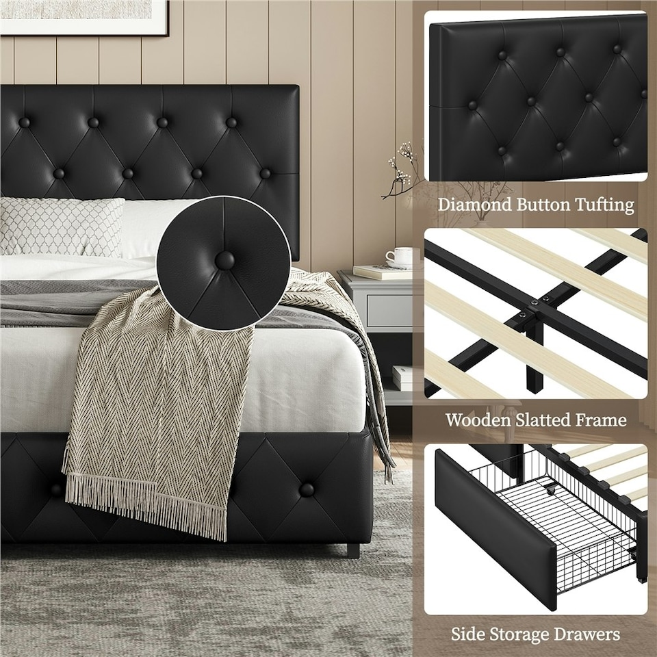 image 1 of Yaheetech 135 cm W x 190 cm L Bed Frame with Adjustable Headboard and 2 Drawers Black