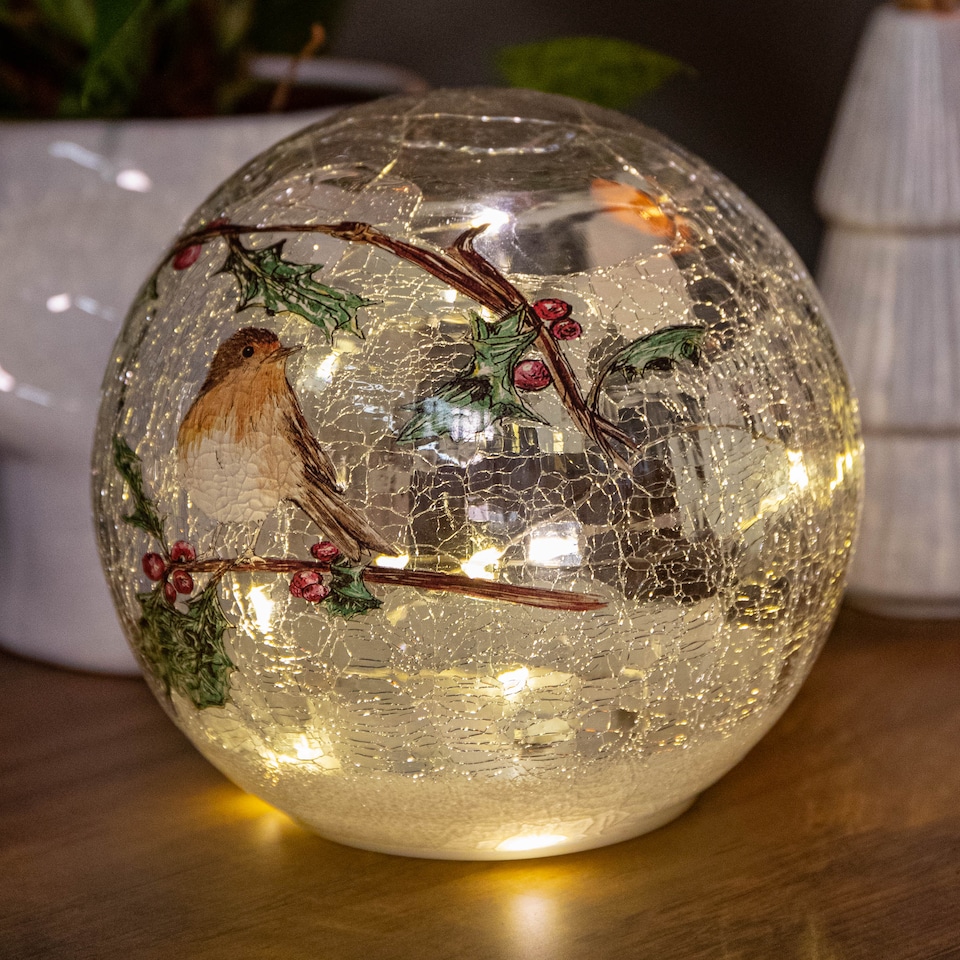 image 1 of 15cm Battery Operated Light up Robin Crackle Glass Ball with 12 Warm White LEDs