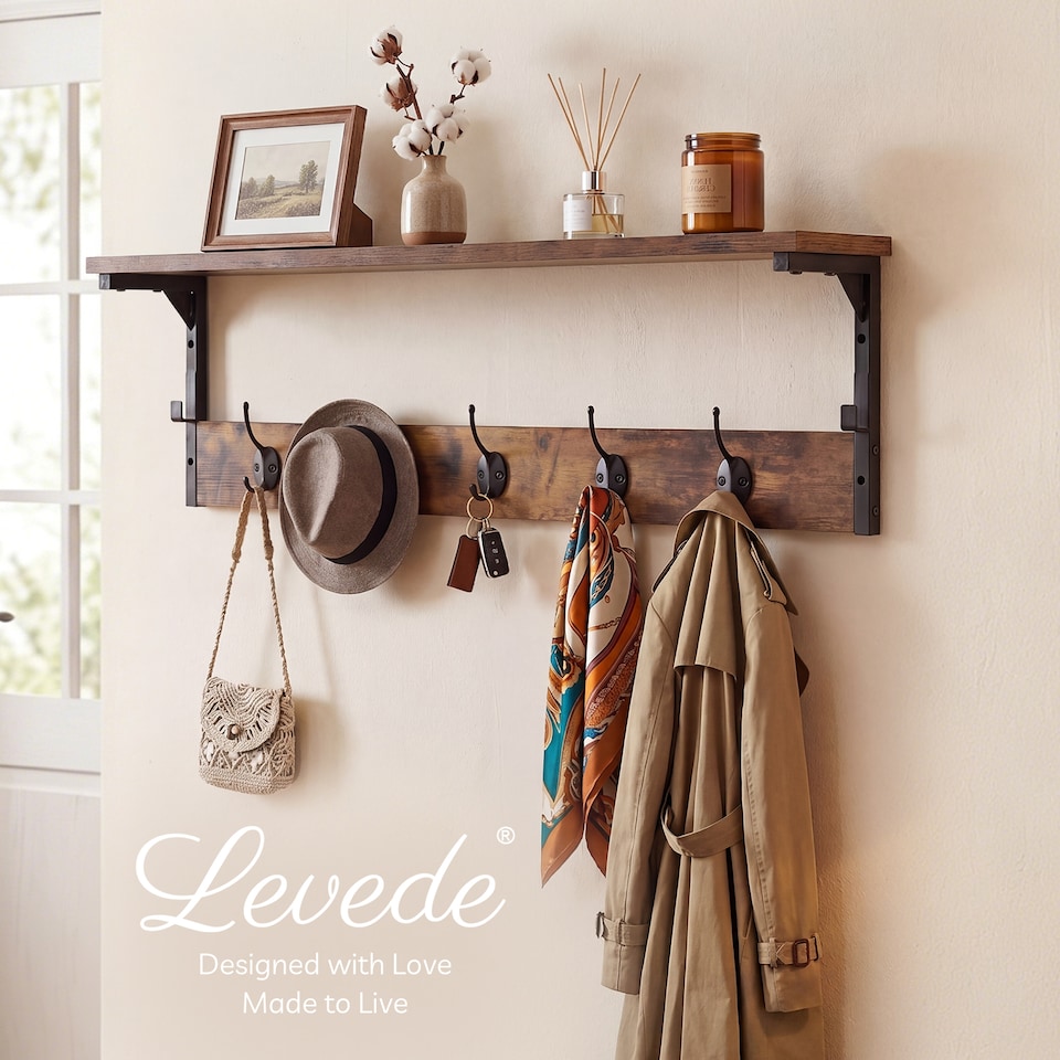 image 1 of Levede Coat Rack Wall Mounted Shelf 7 Hooks Heavy Duty Entryway Storage Brown