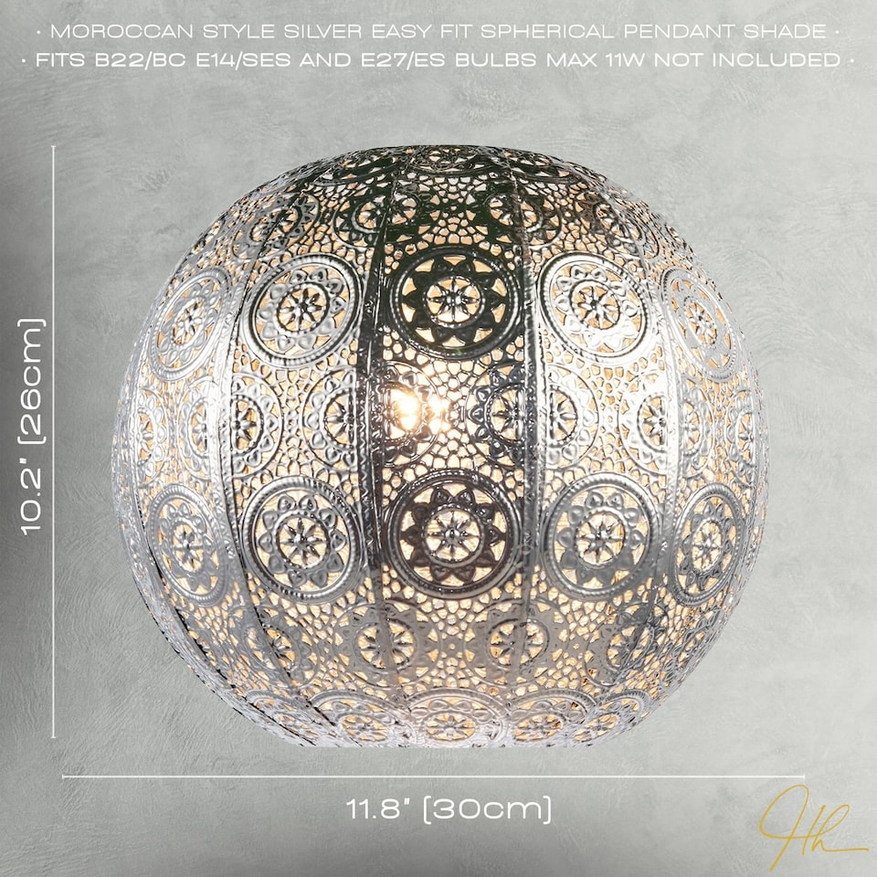 image 1 of Spherical Vintage Moroccan Pendant Lamp Shade in Shiny Silver Metal | Silver | Silver | 1