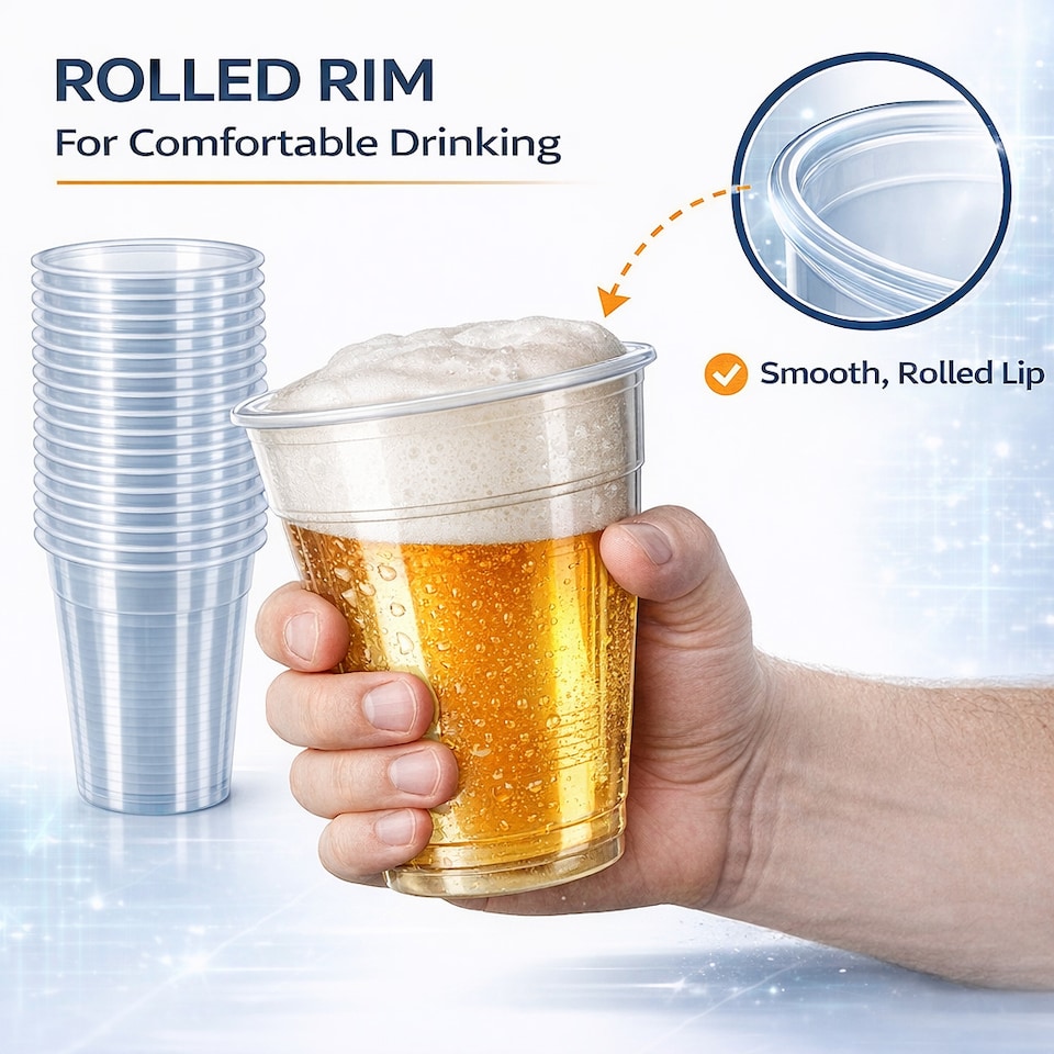 image 1 of Hero Disposable Pint Cups Glasses Clear Plastic Tumblers, Food Grade Cold Drink Cups, UKCA Marked, Lined Pint Measure, Recyclable Party Cups | Clear | Clear | Pint | 50