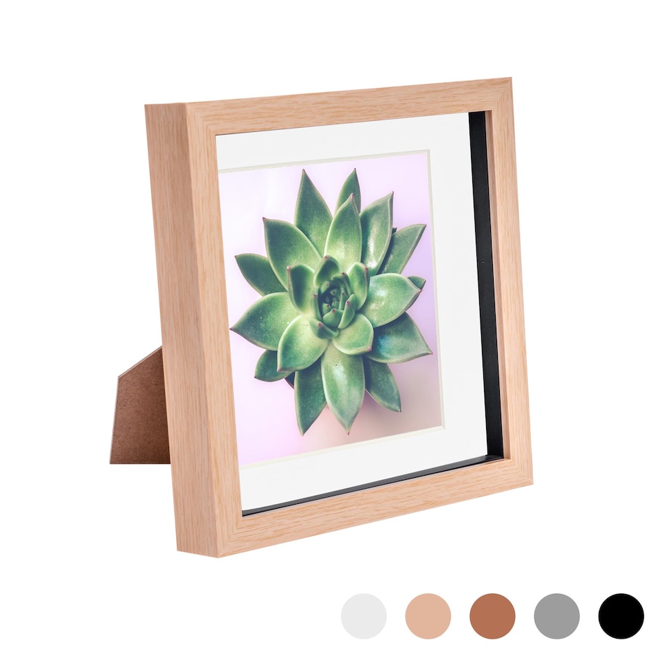 image 1 of Nicola Spring 8 x 8" Photo Frame - Light Wood/White Mount - 3D Photo Frame Picture Frame Box Portrait Display Case (22.5 x 22.5cm)