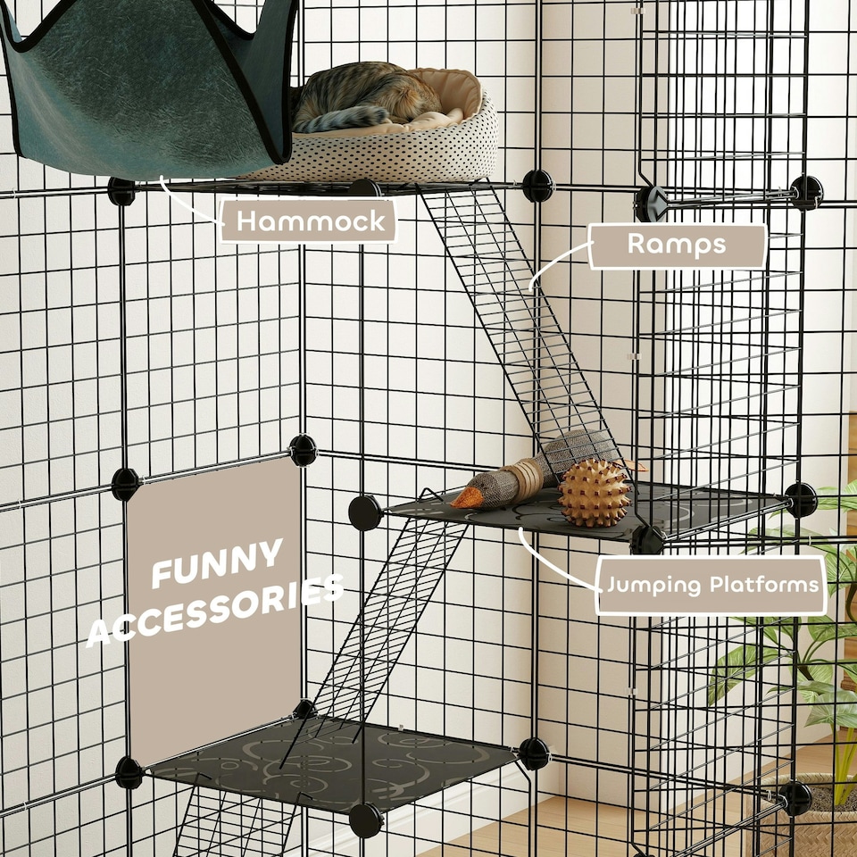 image 1 of PawHut Four-Tier Indoor Cat Cage, DIY Cat Playpen with Hammock, Ramps