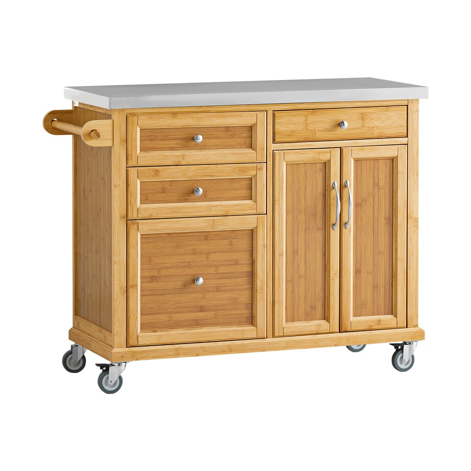image 1 of SoBuy Kitchen Storage Trolley with Stainless Steel Top, Bamboo, 45.3x18.1x36.2 in, 23.9 kg - FKW70-N