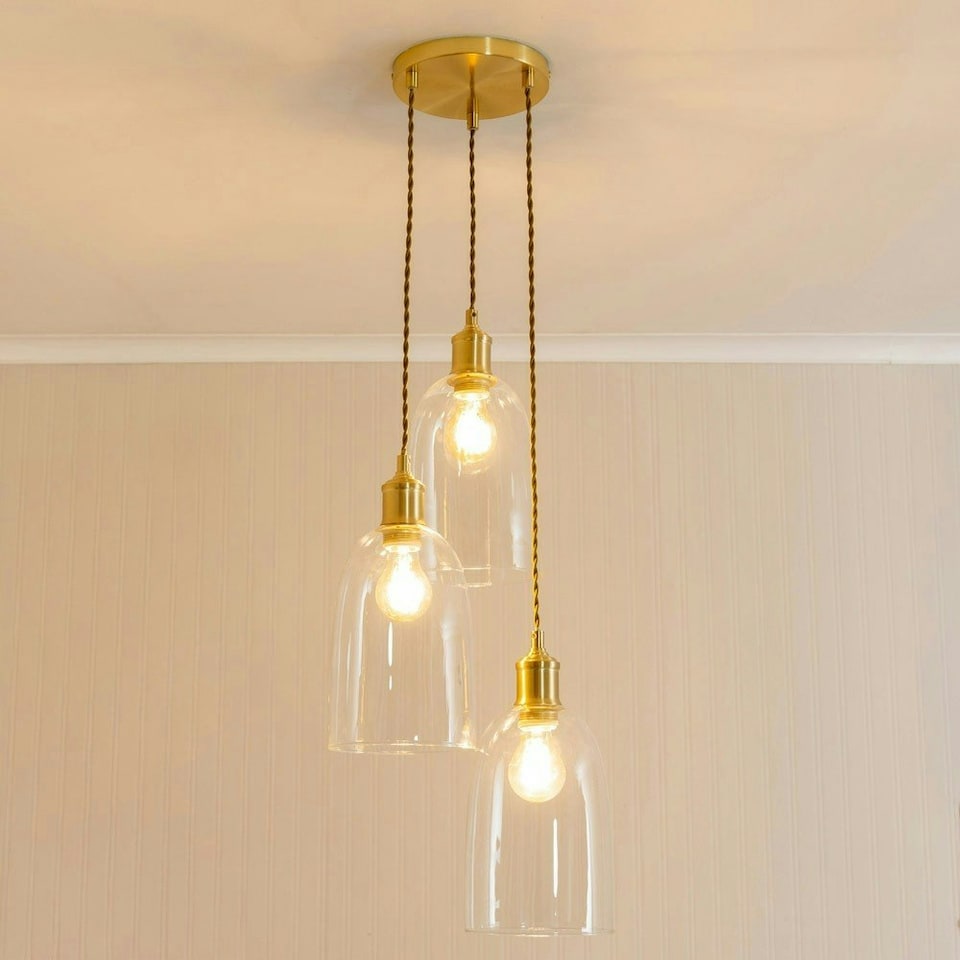 image 1 of ValueLights Kira Glass Dome 3 Drop Cluster Brushed Gold Ceiling Pendant Light with Bulbs Gold