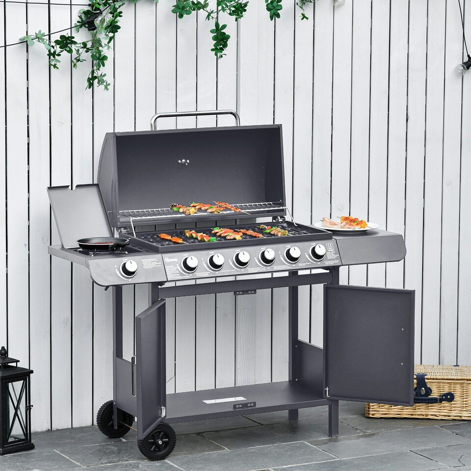 image 1 of Outsunny 6+1 Burner Gas BBQ Grill Garden Barbecue with Wheels, Cabinet Grey