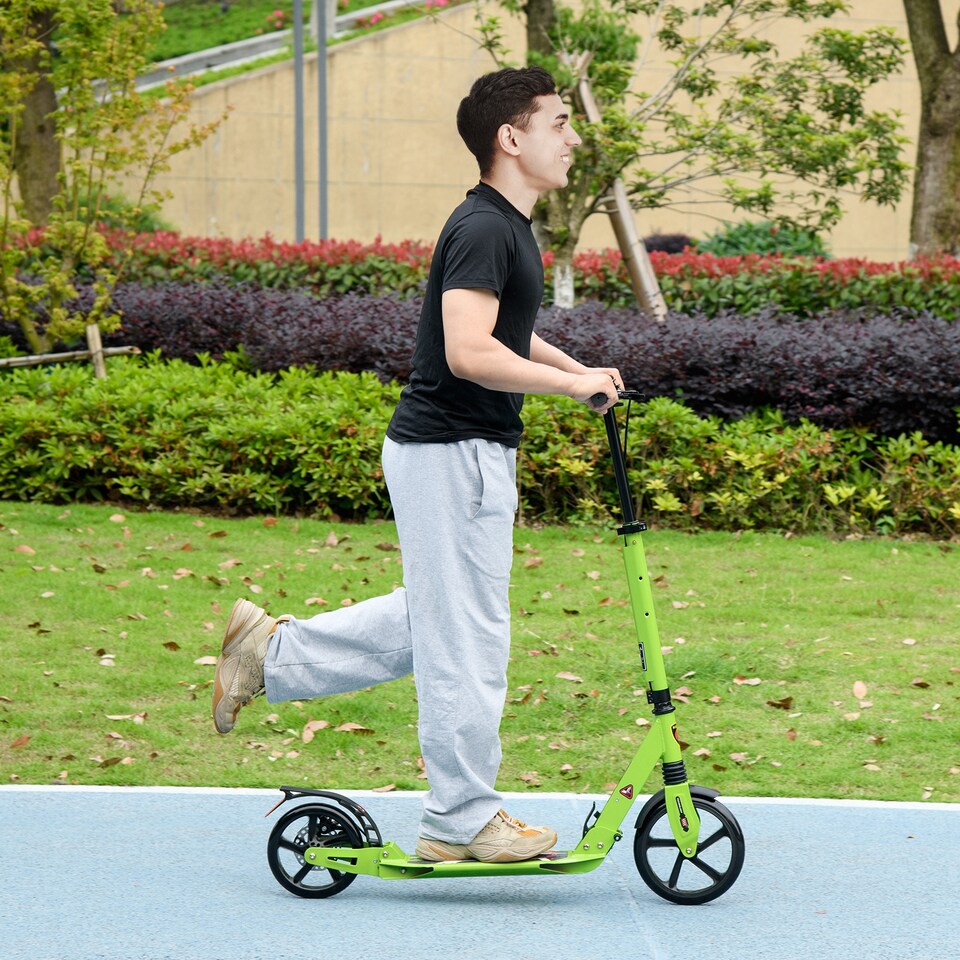 image 1 of HOMCOM Kick Scooter, Folding 2 Wheel Scooter with Dual Brake System, Dual Suspension, 230mm Big Wheels and 3 Adjustable Handlebar, for 14 older Teens Adults, up to 100KG, Green