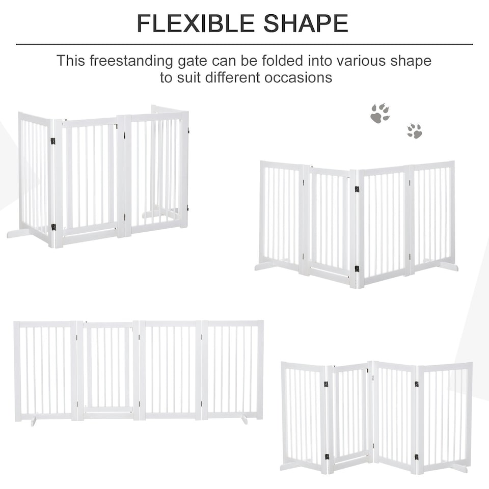 image 1 of PawHut Wooden Freestanding Pet Gate 4 Panels Foldable Dog Safety Fence White