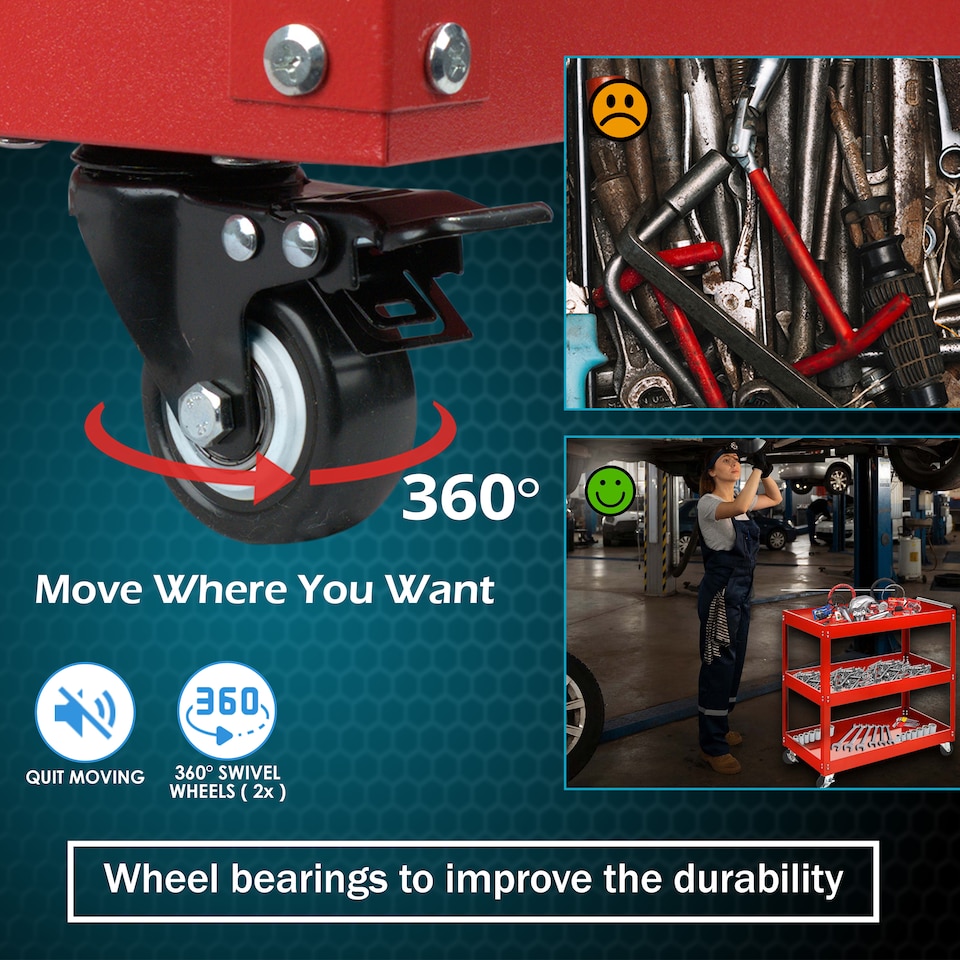 image 1 of Tool Storage Heavy Duty Garage Trolley Workshop 3 Tier Wheel Cart DIY Red
