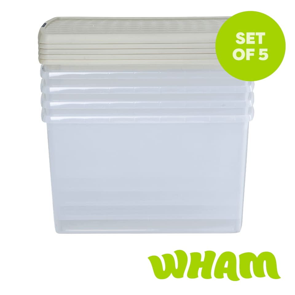 image 1 of Wham Clip 5x 62L Rectangular Plastic Storage Boxes with Clip Lock Lids. Ideal for Home, Office, Toys & More - Clear/Stone | Cream | Stone | 5