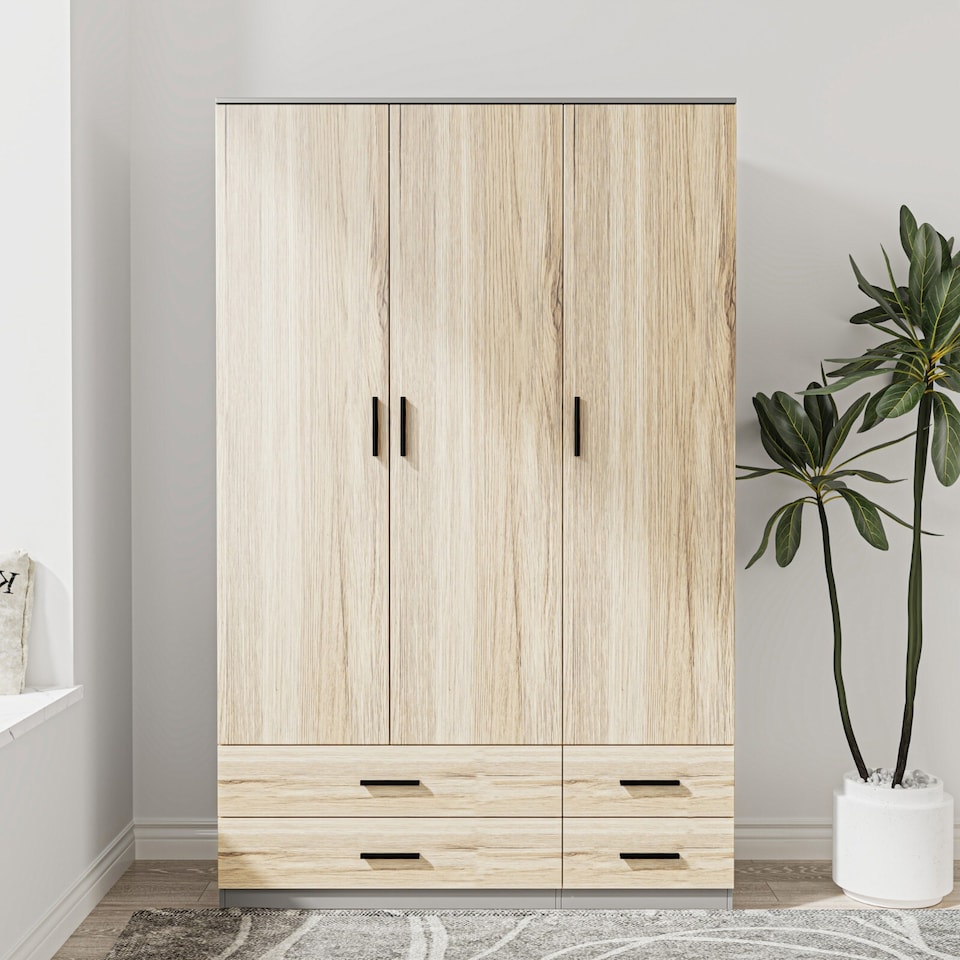 image 1 of 3 Door 4 Drawer Wardrobe With Hanging Rail And Storage Shelf | Grey | Grey Carcass & Oak Door | 1
