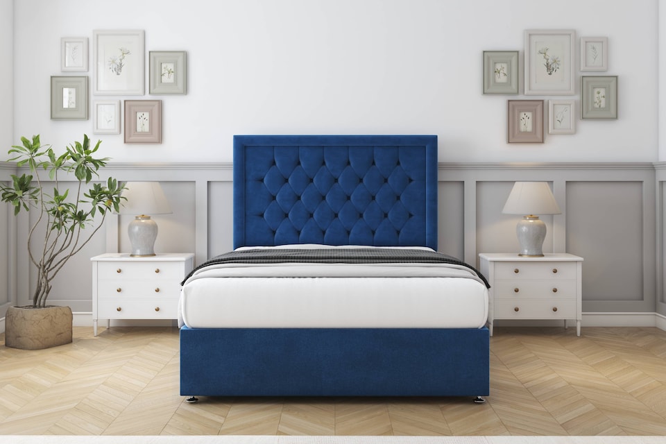 image 1 of Sloomy Montana Navy Plush Divan Bed With Mattress 4 Drawers With 54" Floor Standing Headboard 4'6 Double | Blue | Navy | Double | 1