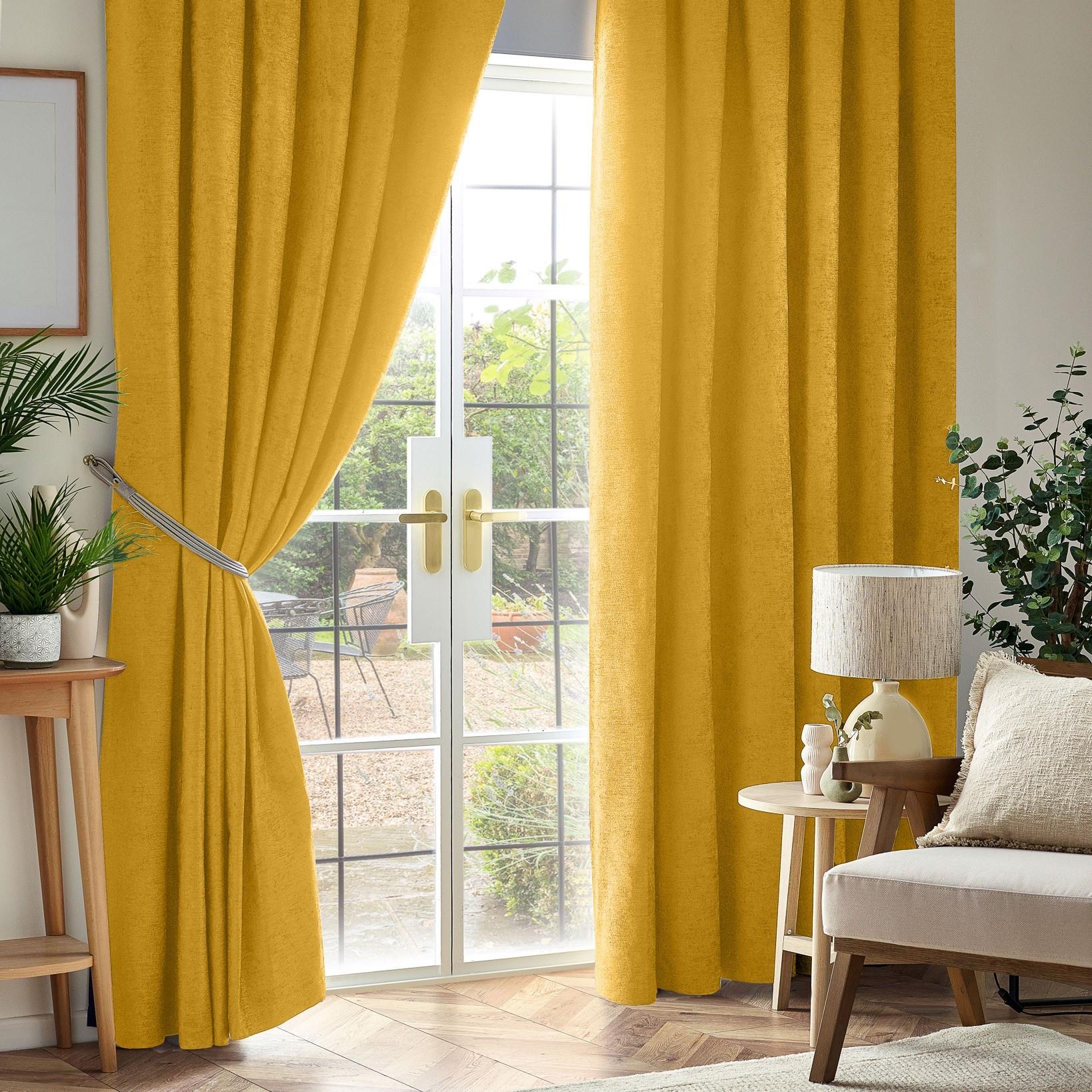 Chenille Blackout Pencil Pleat Top Curtains 168cm x 183cm Ochre