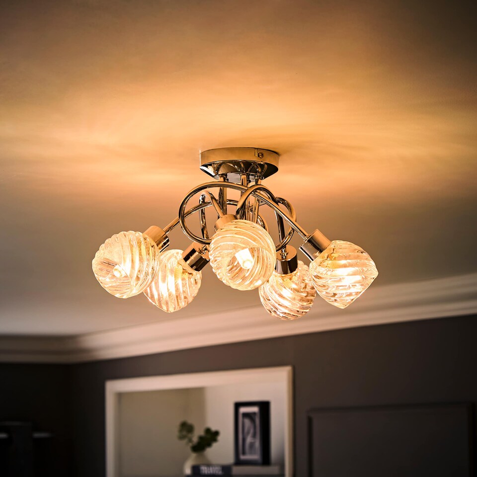 image 1 of ValueLights 5 Way Polished Chrome Curved Arm Flush Ceiling Light With Swirled Glass Shades | Silver