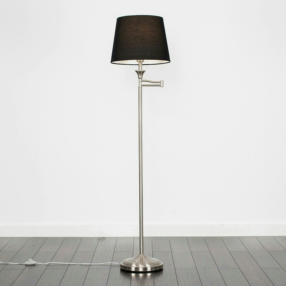 image 1 of ValueLights Sinatra Brushed Silver Floor Lamp with Medium Black Tapered Shade and LED Bulb