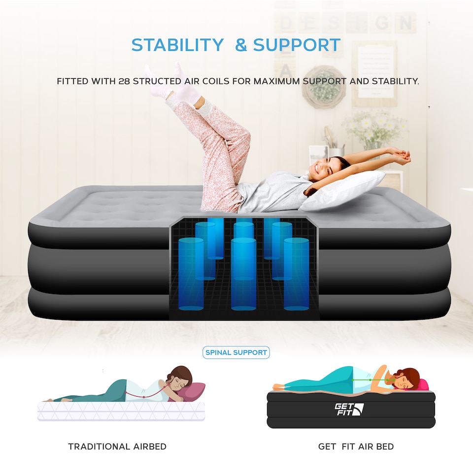 image 1 of Get Fit Air Bed With Built In Electric Pump - Premium Double Size - Blow Up Bed With Free Pillow - Elevated Inflatable Air Mattress | Black | Black / Grey | 1