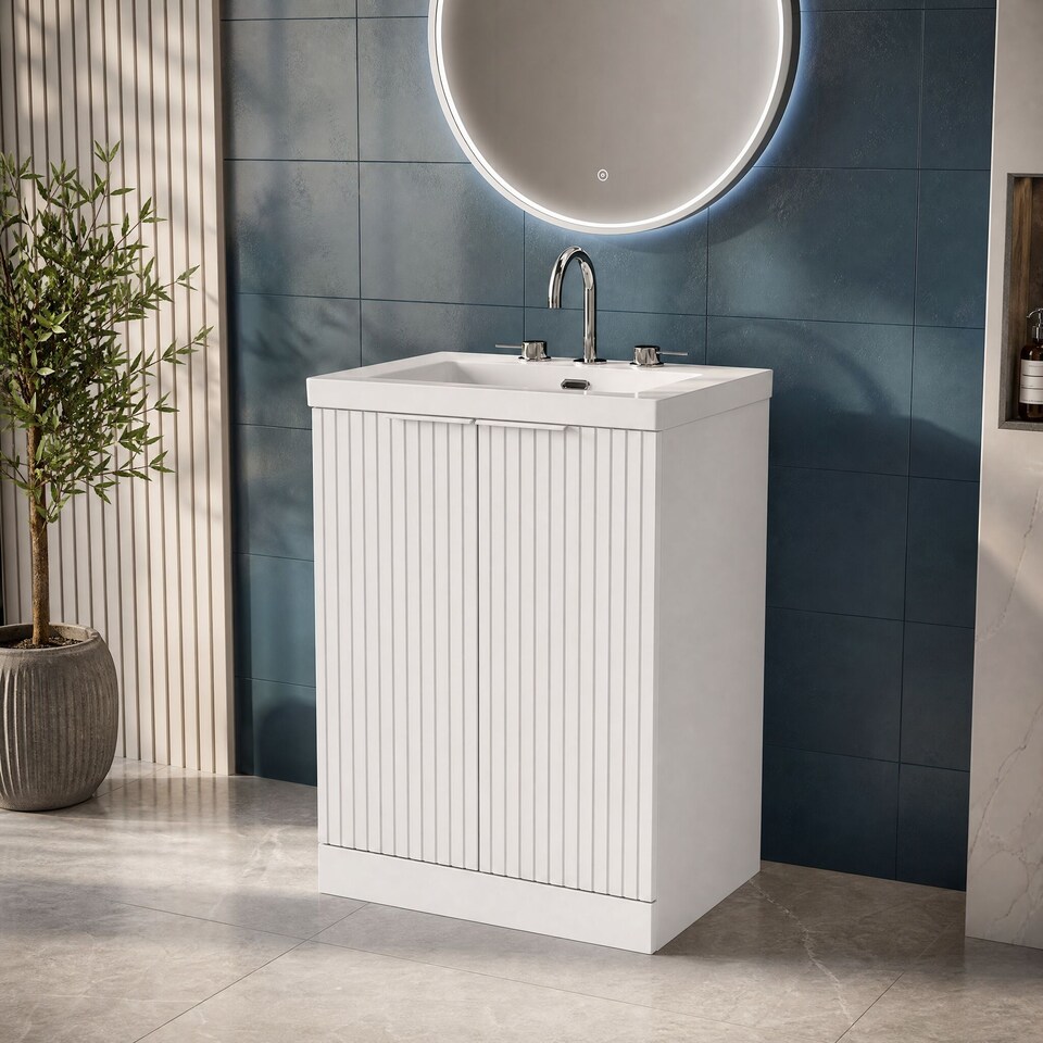 image 1 of Balterley Callingwood Contemporary Floor Standing 2 Door Vanity Unit with 3 Tap Hole Fireclay Basin , 600mm, Matt White