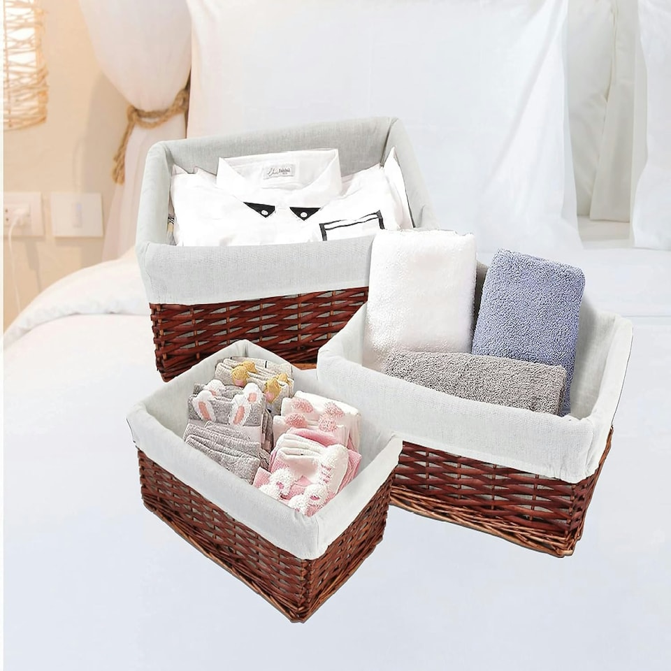 image 1 of Marco Paul Brown Set of 3 Wicker Storage Baskets Organising Baskets Brown