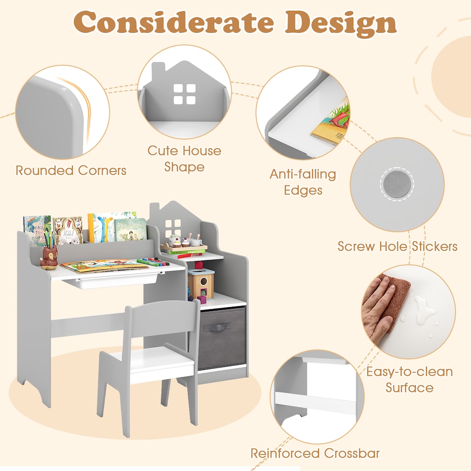 image 1 of COSTWAY Kids Study Desk and Chair Set Children Table Grey