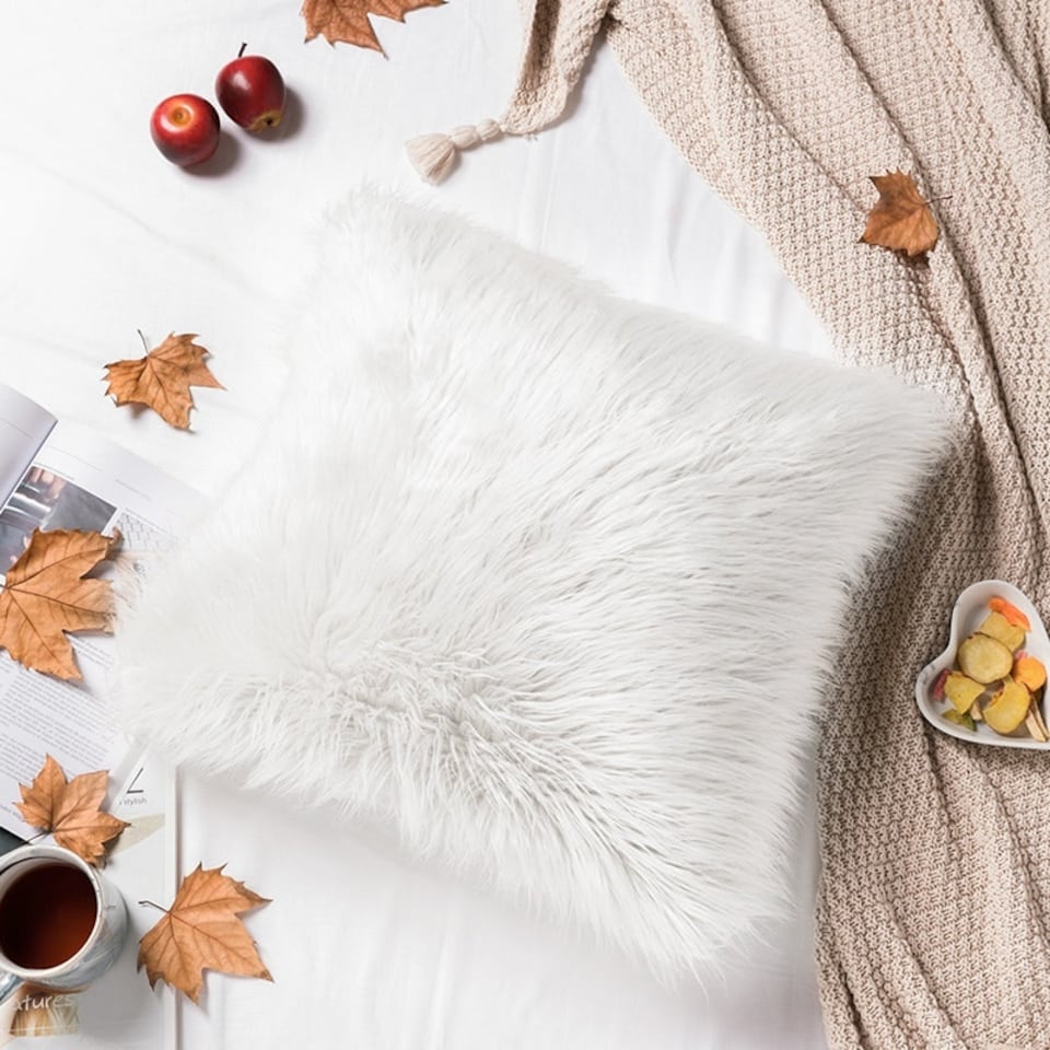 image 1 of Living and Home Square Fluffy Faux Fur Throw Pillow Cover, White, 45cm L x 45cm W