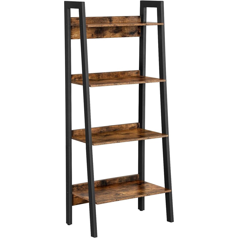 image 1 of 4-Tier Slim Ladder Shelf Vertical Bookcase Storage Unit for Home Office, Rustic Brown and Ink Black