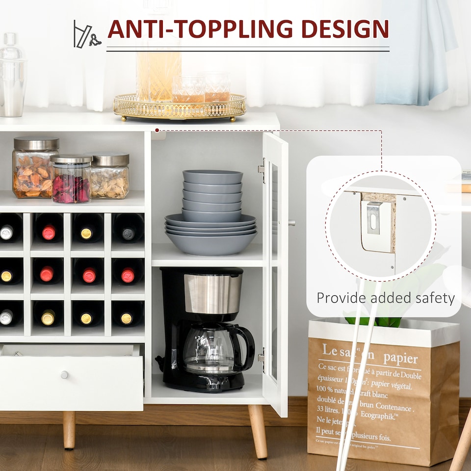 image 1 of HOMCOM Modern Sideboard Storage Cabinet Kitchen Cupboard Dining Bar Server with Glass Doors, Drawer & 12-Bottle Wine Rack for Living Room, White | White | White