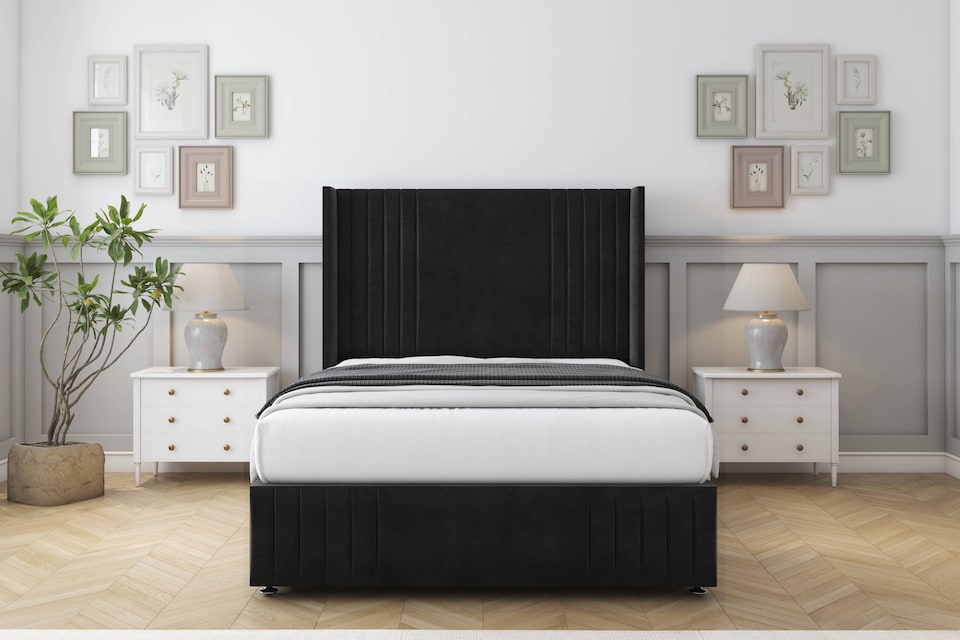 image 1 of Sloomy Camden Black Plush Divan Bed Base No Drawers With 54 Inch Wingback Headboard & 12 Inch Matching Footboard | Black | Black | Double | 1