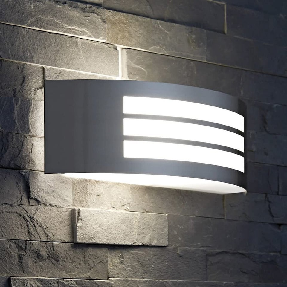 image 1 of CGC Striker Stainless Steel Curved Outdoor Wall Light IP54 E27 | Multi | Grey / silver | Length: 10 cm, Width: 31.5 cm, Depth: 9 cm
