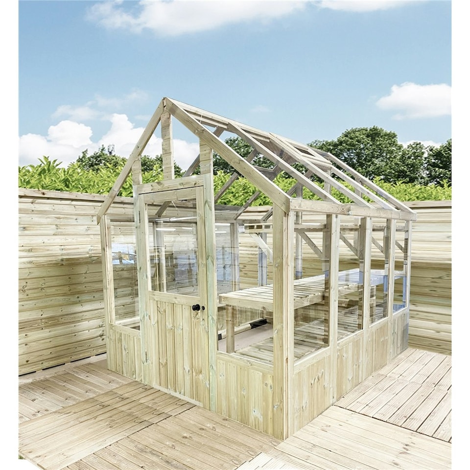image 1 of 8 X 6 Pressure Treated Tongue And Groove Greenhouse - Super Strength Framing - Rim Lock - 4mm Toughened Glass + Bench + Free Install (8' x 6' / 8ft x 6ft) (8x6)