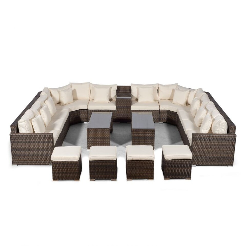 image 1 of Santorini U Shape Modular 10 Seat Rattan Sofa Set With Armrest Drinks Cooler, 2 Coffee Tables & 4 Stools Brown | Ivory